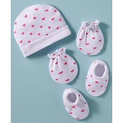 Babyhug 100% Cotton Knit Cap Mittens & Booties Set with Bow Print White - Diameter 12 cm