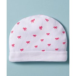 Babyhug 100% Cotton Knit Cap Mittens & Booties Set with Bow Print White - Diameter 12 cm