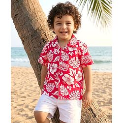 Babyhug Cotton Woven Half Sleeves Leaf Printed Resort Collar Shirt - Red