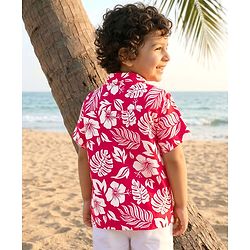 Babyhug Cotton Woven Half Sleeves Leaf Printed Resort Collar Shirt - Red