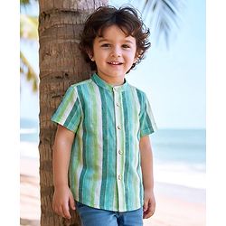 Babyhug Cotton Woven Half Sleeves Striped Shirt - Light Green & Blue