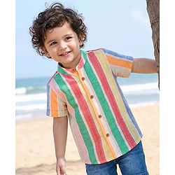 Babyhug Cotton Woven Half Sleeves Striped Mandarin Collar Shirt - Multicolor