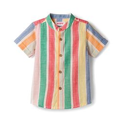 Babyhug Cotton Woven Half Sleeves Striped Mandarin Collar Shirt - Multicolor