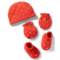 Babyhug 100% Cotton Knit Cap Mittens & Booties With Bow Print Multicolor - Diameter 12.5 cm