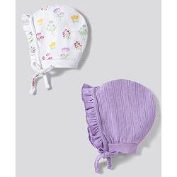Babyhug 100% Cotton Knit Caps With Floral Print Pack of 2 Multicolor - Diameter 16.5 cm