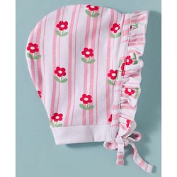 Babyhug 100% Cotton Knit Floral & Checks Printed Caps With Knot Pack Of 2 Multicolour - Diameter 12.5 cm