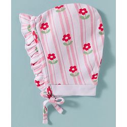 Babyhug 100% Cotton Knit Floral & Checks Printed Caps With Knot Pack Of 2 Multicolour - Diameter 12.5 cm