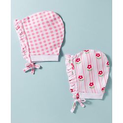 Babyhug 100% Cotton Knit Floral & Checks Printed Caps With Knot Pack Of 2 Multicolour - Diameter 12.5 cm