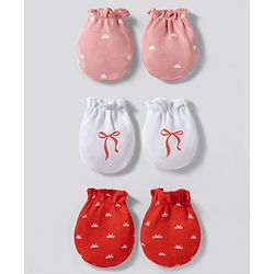 Babyhug 100% Cotton Knit Mittens With Heart & Bow Print Pack of 3 - Multicolor