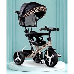 Babyhug Little Leopard Tricycle for Kids with Parental Push Handle & Canopy Toddler Ride-On Trike with Safety Harness BIS Certified Seat with High Backrest Foldable Footrest Anti-Slip Pedals - Beige