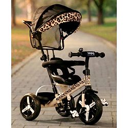 Babyhug Little Leopard Tricycle for Kids with Parental Push Handle & Canopy Toddler Ride-On Trike with Safety Harness BIS Certified Seat with High Backrest Foldable Footrest Anti-Slip Pedals - Beige