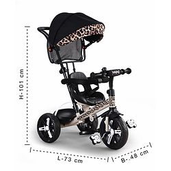 Babyhug Little Leopard Tricycle for Kids with Parental Push Handle & Canopy Toddler Ride-On Trike with Safety Harness BIS Certified Seat with High Backrest Foldable Footrest Anti-Slip Pedals - Beige