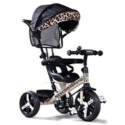 Babyhug Little Leopard Tricycle for Kids with Parental Push Handle & Canopy Toddler Ride-On Trike with Safety Harness BIS Certified Seat with High Backrest Foldable Footrest Anti-Slip Pedals - Beige