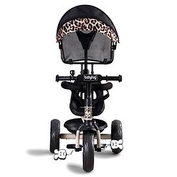 Babyhug Little Leopard Tricycle for Kids with Parental Push Handle & Canopy Toddler Ride-On Trike with Safety Harness BIS Certified Seat with High Backrest Foldable Footrest Anti-Slip Pedals - Beige