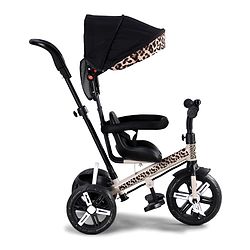 Babyhug Little Leopard Tricycle for Kids with Parental Push Handle & Canopy Toddler Ride-On Trike with Safety Harness BIS Certified Seat with High Backrest Foldable Footrest Anti-Slip Pedals - Beige