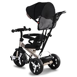 Babyhug Little Leopard Tricycle for Kids with Parental Push Handle & Canopy Toddler Ride-On Trike with Safety Harness BIS Certified Seat with High Backrest Foldable Footrest Anti-Slip Pedals - Beige