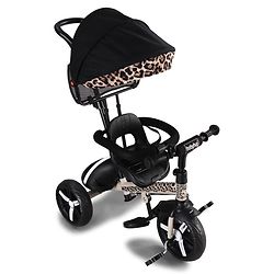 Babyhug Little Leopard Tricycle for Kids with Parental Push Handle & Canopy Toddler Ride-On Trike with Safety Harness BIS Certified Seat with High Backrest Foldable Footrest Anti-Slip Pedals - Beige