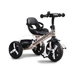 Babyhug Little Leopard Tricycle for Kids with Parental Push Handle & Canopy Toddler Ride-On Trike with Safety Harness BIS Certified Seat with High Backrest Foldable Footrest Anti-Slip Pedals - Beige