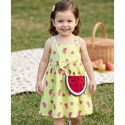 Babyhug Seer Sucker Woven Sleeveless Frock with Watermelon Print & Sling Bag Bow Applique  - Green