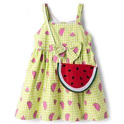 Babyhug Seer Sucker Woven Sleeveless Frock with Watermelon Print & Sling Bag Bow Applique  - Green