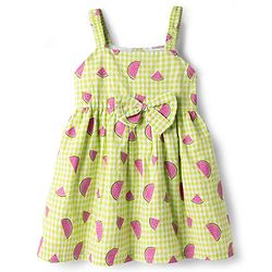 Babyhug Seer Sucker Woven Sleeveless Frock with Watermelon Print & Sling Bag Bow Applique  - Green