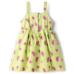 Babyhug Seer Sucker Woven Sleeveless Frock with Watermelon Print & Sling Bag Bow Applique  - Green