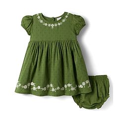 Babyhug 100% Cotton Woven Half Sleeves Flared Frock & Bloomer With Floral Embroidery - Green