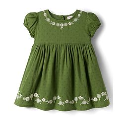 Babyhug 100% Cotton Woven Half Sleeves Flared Frock & Bloomer With Floral Embroidery - Green