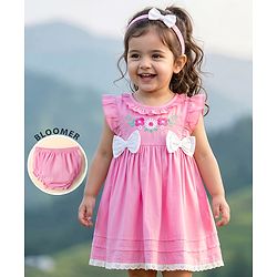 Babyhug Poplin Woven Frock &  Bloomer With Headband Floral Print & Applique - Pink