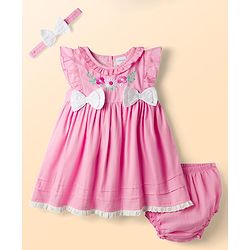 Babyhug Poplin Woven Frock &  Bloomer With Headband Floral Print & Applique - Pink