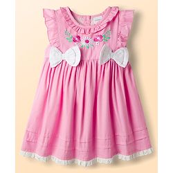 Babyhug Poplin Woven Frock &  Bloomer With Headband Floral Print & Applique - Pink