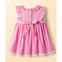 Babyhug Poplin Woven Frock &  Bloomer With Headband Floral Print & Applique - Pink