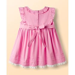 Babyhug Poplin Woven Frock &  Bloomer With Headband Floral Print & Applique - Pink
