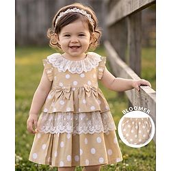 Babyhug Cotton Woven Half Sleeves Polka Dots Printed Frock With Bloomer - Beige