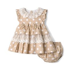 Babyhug Cotton Woven Half Sleeves Polka Dots Printed Frock With Bloomer - Beige