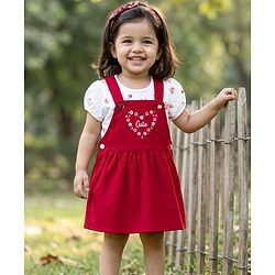 Babyhug Corduroy Woven Half Sleeves T-Shirt & Frock with Floral Print &  Heart Patch - Red