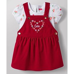 Babyhug Corduroy Woven Half Sleeves T-Shirt & Frock with Floral Print &  Heart Patch - Red