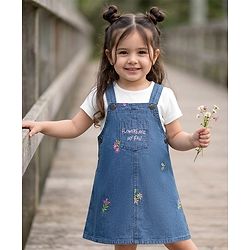 Babyhug 100% Cotton Woven Half Sleeves Floral Embroidered Frock With Inner Tee - Blue