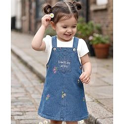 Babyhug 100% Cotton Woven Half Sleeves Floral Embroidered Frock With Inner Tee - Blue
