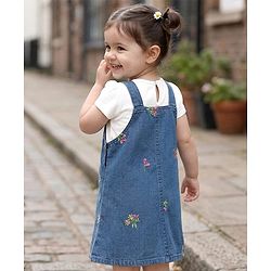 Babyhug 100% Cotton Woven Half Sleeves Floral Embroidered Frock With Inner Tee - Blue
