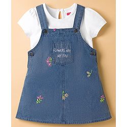 Babyhug 100% Cotton Woven Half Sleeves Floral Embroidered Frock With Inner Tee - Blue