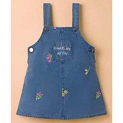 Babyhug 100% Cotton Woven Half Sleeves Floral Embroidered Frock With Inner Tee - Blue