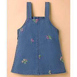 Babyhug 100% Cotton Woven Half Sleeves Floral Embroidered Frock With Inner Tee - Blue