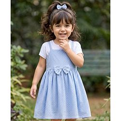 Babyhug Mesh Textured Woven Half Sleeves Polka Dots Printed Frock With Inner Tee & Bow Applique - Light Blue