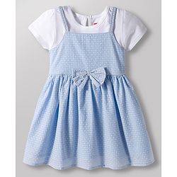 Babyhug Mesh Textured Woven Half Sleeves Polka Dots Printed Frock With Inner Tee & Bow Applique - Light Blue
