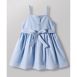Babyhug Mesh Textured Woven Half Sleeves Polka Dots Printed Frock With Inner Tee & Bow Applique - Light Blue