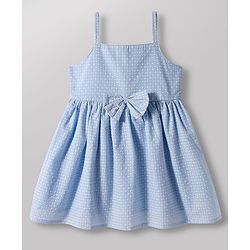 Babyhug Mesh Textured Woven Half Sleeves Polka Dots Printed Frock With Inner Tee & Bow Applique - Light Blue