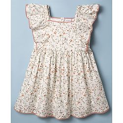 Babyhug Cotton Woven Flutter Sleeves Floral Printed Frock With Bloomer - OffWhite