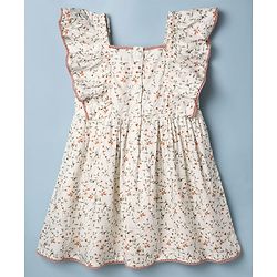 Babyhug Cotton Woven Flutter Sleeves Floral Printed Frock With Bloomer - OffWhite