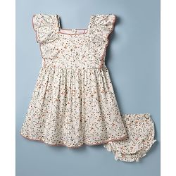 Babyhug Cotton Woven Flutter Sleeves Floral Printed Frock With Bloomer - OffWhite